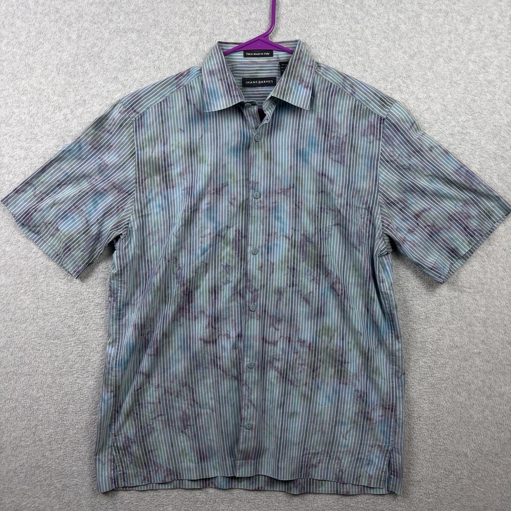Jhane Barnes Shirt Mens Medium Striped Tie Dye Cotton Short Sleeve Button Up